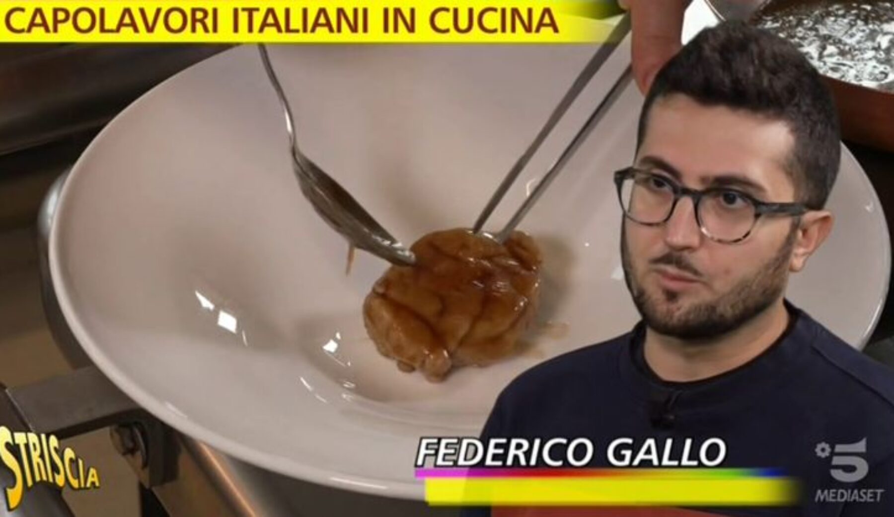 Questa sera a Striscia, nella rubrica “Capolavori italiani in cucina”: l’Animella, funghi, brodo di vitello e tartufo bianco d’Alba di Federico Gallo