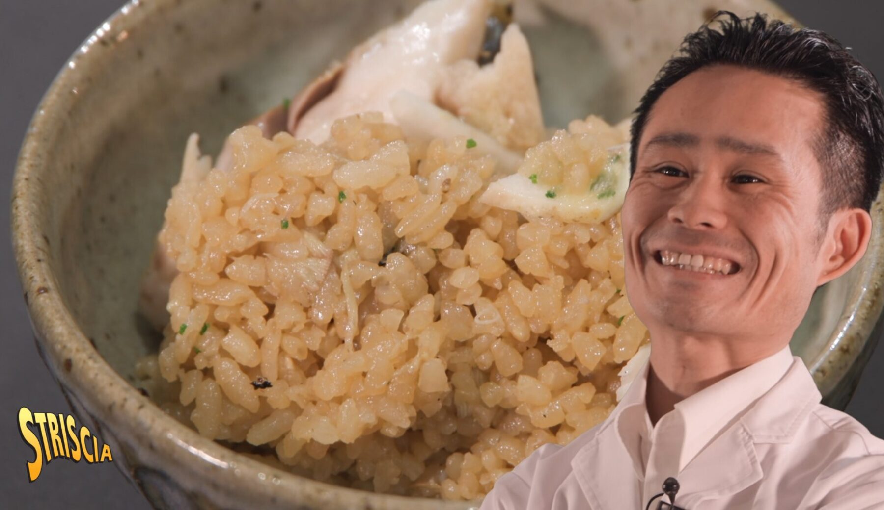 Stasera a Striscia, il “Riso sgombri e funghi” di Satoshi Hazama