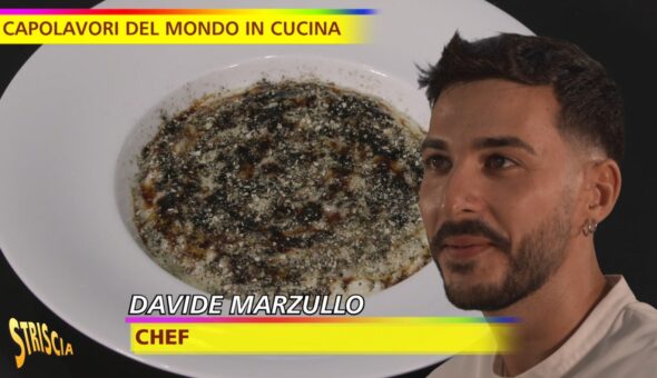 Oggi a Striscia, il “Risotto, latte di capra, liquirizia, cappero e soia” di Davide Marzullo