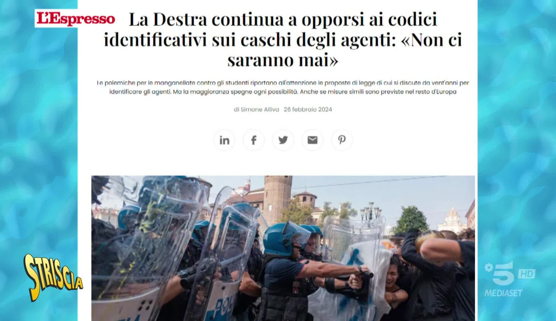 Numeri sulla divisa per identificare gli agenti delle forze dell’ordine. Striscia la notizia lo propone dal 1997