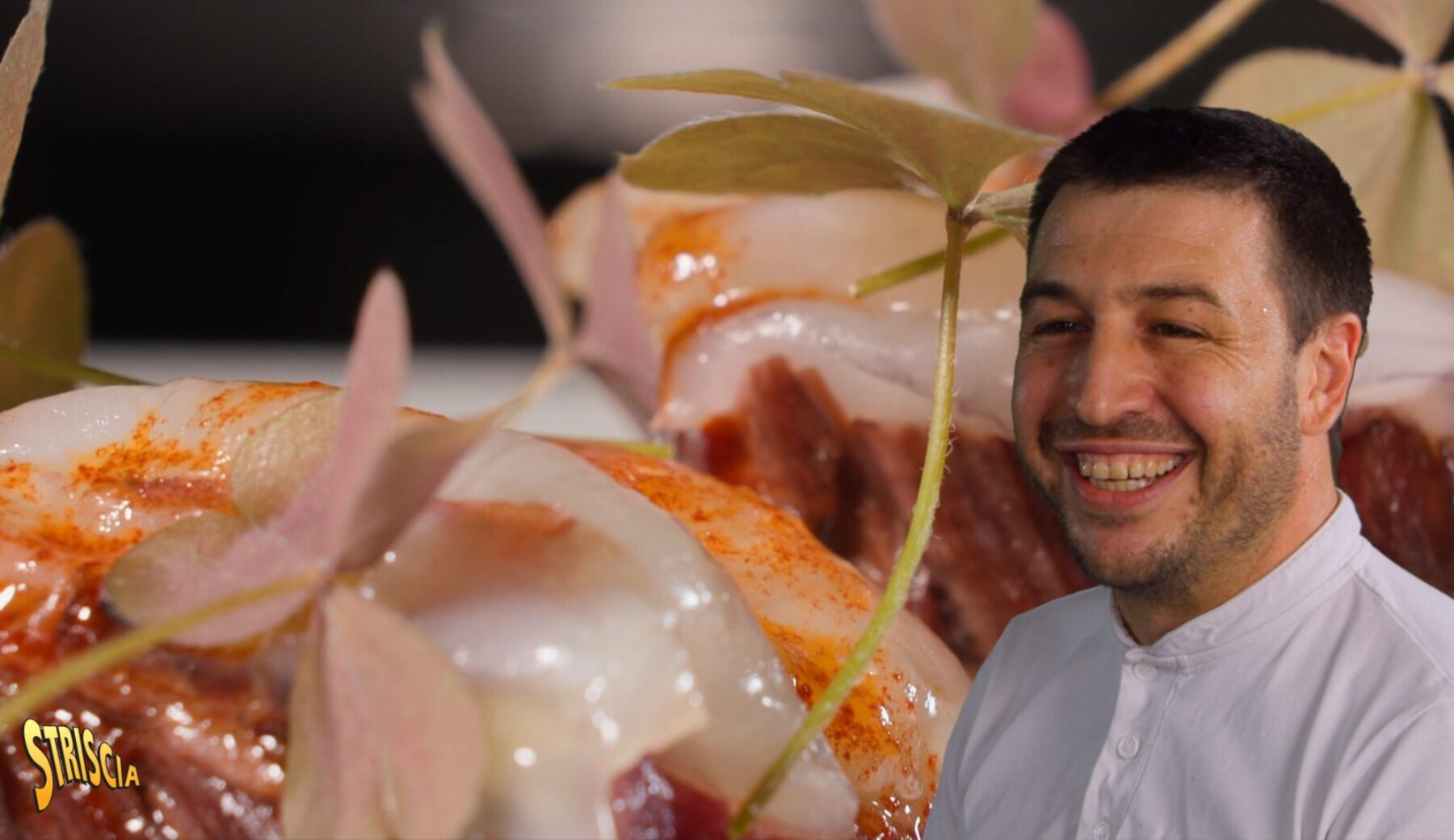 Domani sera a Striscia: il “Diaframma di manzo, gamberi rossi dell’Adriatico e peperoncino” di Mariano Guardianelli